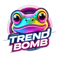 A colorful neon-style frog face graphic with the words “TREND BOMB” in bold white lettering outlined in pink, purple, and blue, centered on a black background.