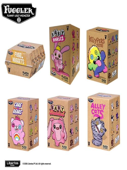 Six cardboard blind-box packages from Fuggler Funny Ugly Monsters are arranged on a white background, each featuring a different cartoon monster design: Fuggler Nuggets, Baby Ankles, Keypers, Care Bears, Baby Stripes, and Alley Cats. The Fuggler logo appears at top left, and a Liberations copyright notice appears at bottom left.